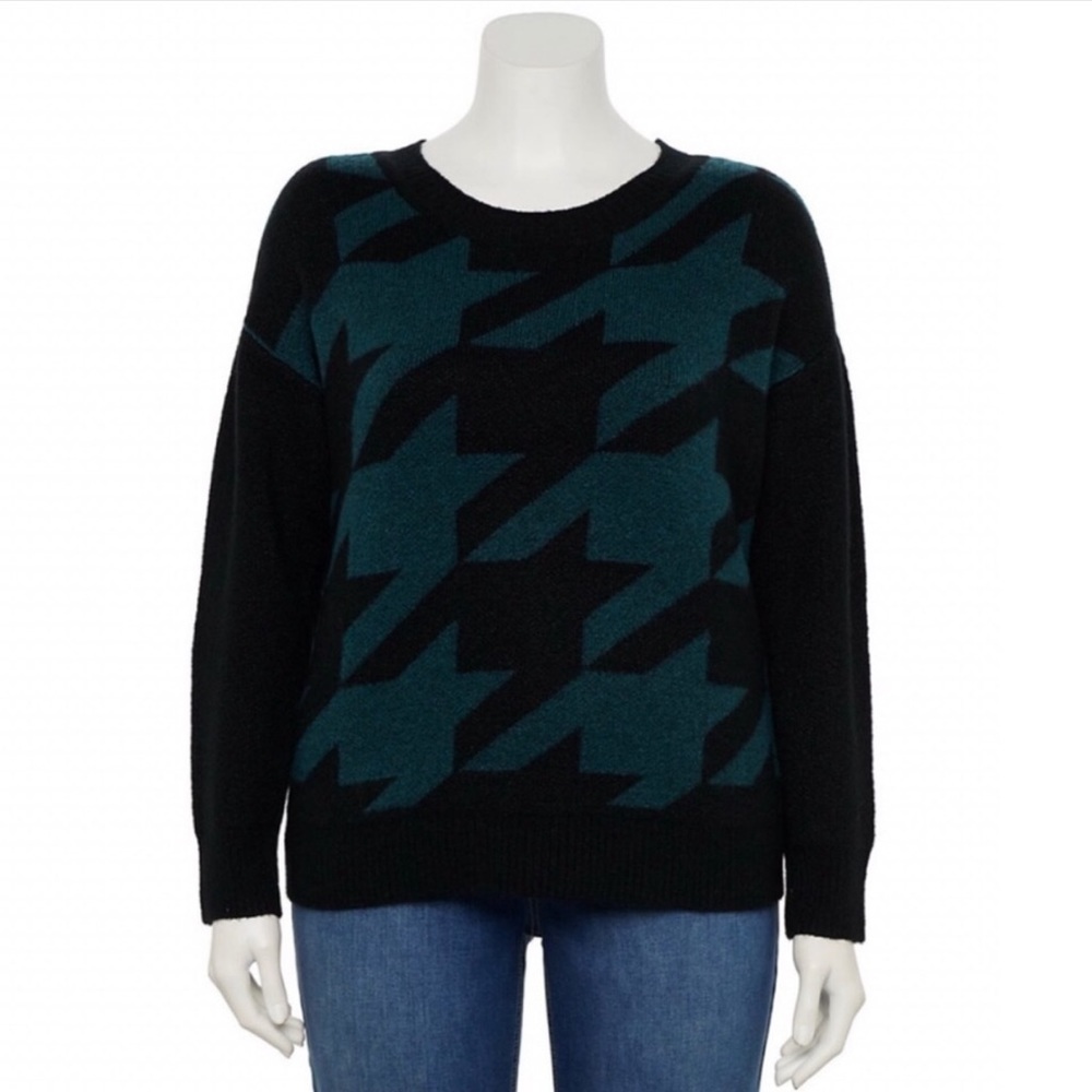 New! Houndstooth Crewneck Super Soft Knit Black Teal Ribbed Hem Pullover Sweater